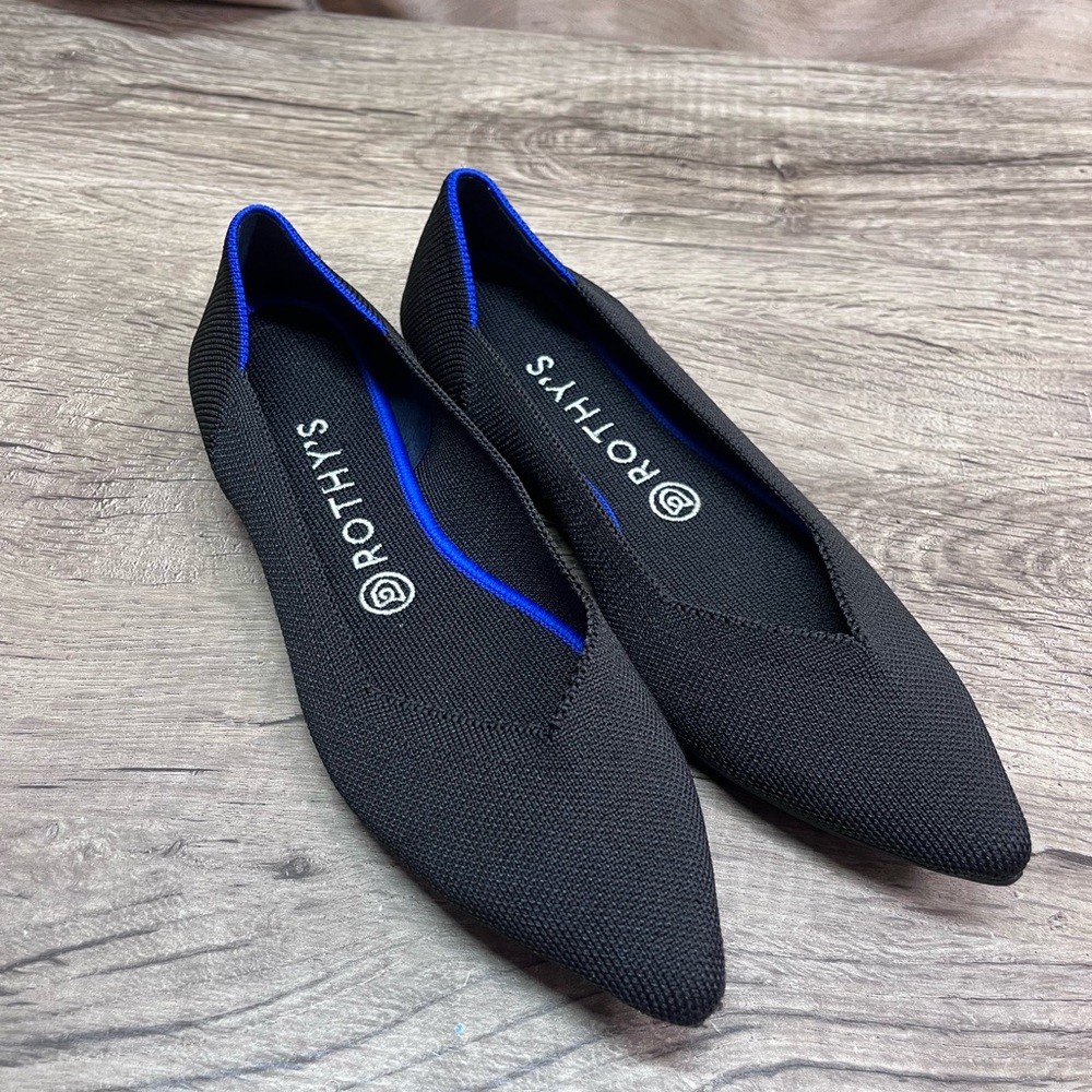 Rothy's Black Flats with Blue Trim Pointed Toe